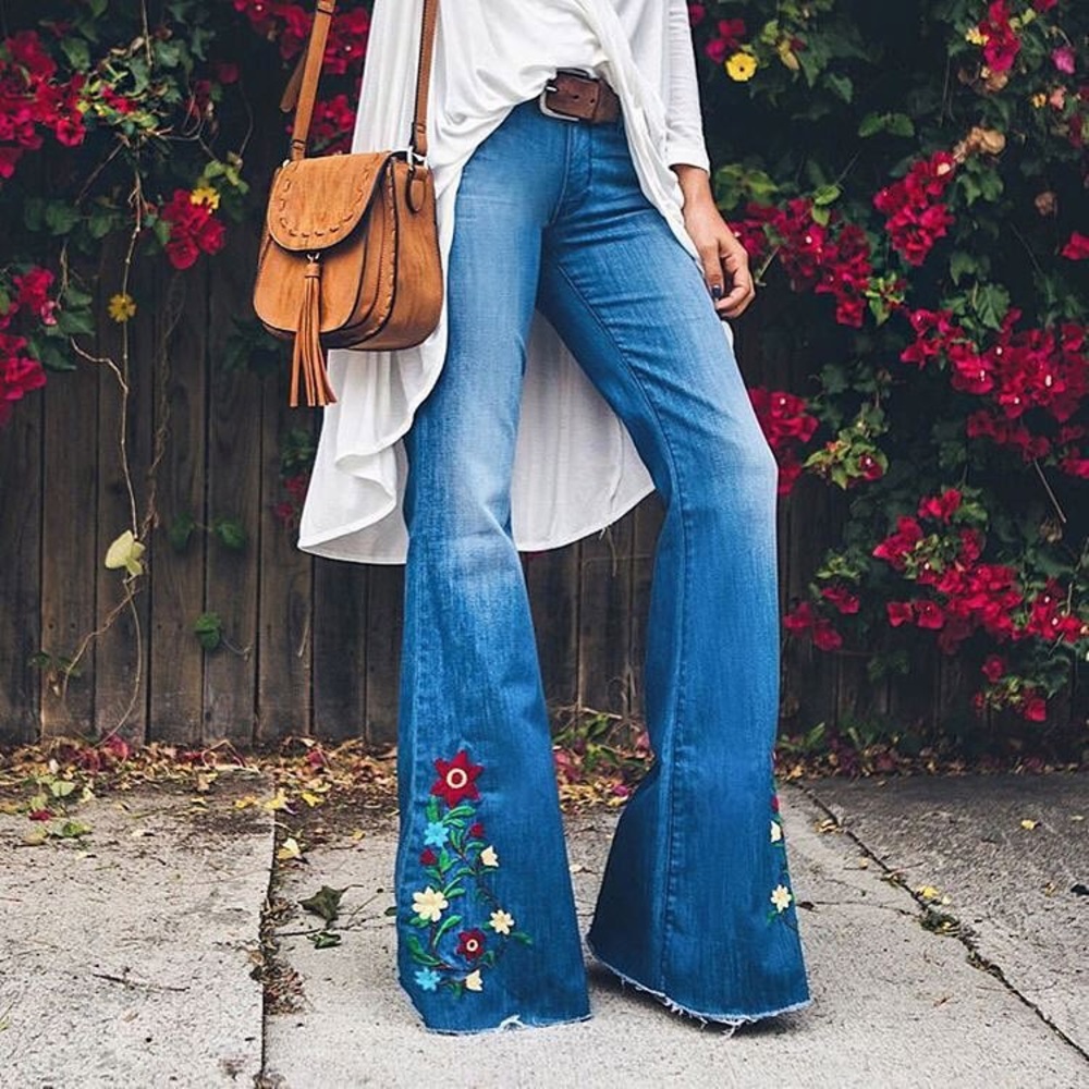 PYLO Embroidered Denim Bell Bottom Flares